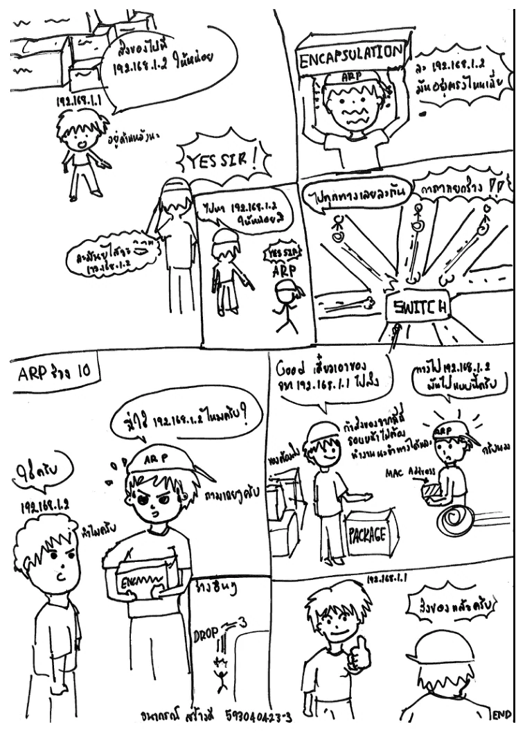 การ์ตูนลายมือเต็มหน้าจากตำรา: ช่องแรกเครื่อง 192.168.1.1 สั่งส่งของไปให้ 192.168.1.2 แต่ไม่รู้ว่ามันอยู่ตรงไหน · ช่องถัดมาข้อมูลถูกห่อในกล่องที่เขียนว่า ENCAPSULATION แล้วส่ง ARP ออกไป · ช่องกลางวาดกล่อง SWITCH ที่ยิงลูกศรกระจายออกทุกทิศทางพร้อมข้อความว่าไปทุกทางเลยลงกัน · ครึ่งล่างตัวละคร ARP ถือกล่องเดินไล่ถามทีละเครื่องว่ารู้ไหมว่า 192.168.1.2 ไหนครับ เครื่องที่ไม่ใช่บอกว่าไม่ใช่แล้วเฟรมถูก DROP ทิ้ง จนเจอเครื่องที่ใช่ซึ่งส่ง MAC Address กลับมา แล้วของถูกส่งถึงปลายทางในช่องสุดท้าย