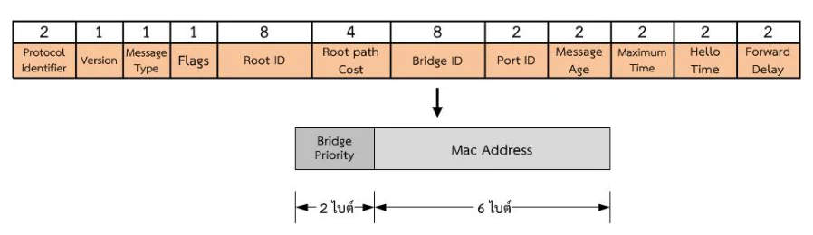 แถบฟิลด์ของ Configuration BPDU 12 ช่อง แล้วชี้ลงมาที่ Bridge ID ซึ่งแยกเป็น Bridge Priority 2 ไบต์ กับ MAC Address 6 ไบต์