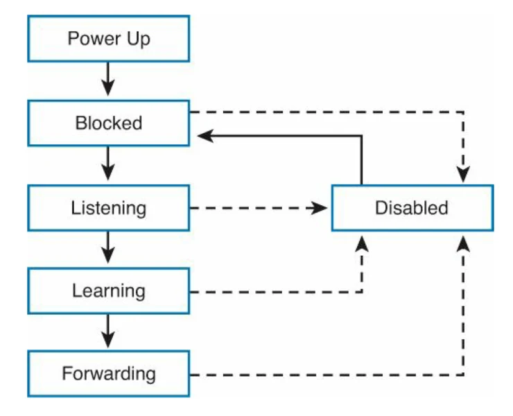 ผังสถานะ: กล่อง Power Up อยู่บนสุด มีลูกศรทึบลงมาที่ Blocked แล้วลงต่อไปยัง Listening, Learning และ Forwarding ตามลำดับเป็นแถวตั้งทางซ้าย · ทางขวามีกล่อง Disabled · มีลูกศรประจาก Blocked, Listening, Learning และ Forwarding ชี้เข้าหา Disabled และมีลูกศรทึบจาก Disabled ชี้กลับไปที่ Blocked