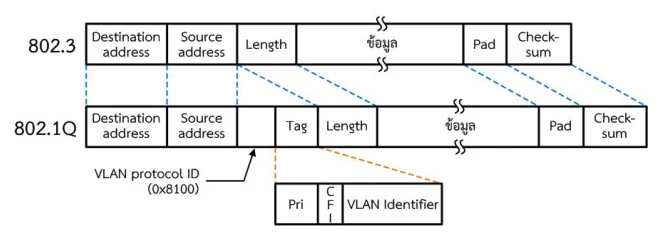เทียบเฟรม 802.3 เดิมกับเฟรม 802.1Q ที่แทรก VLAN protocol ID 0x8100 และ Tag เข้าไประหว่าง Source address กับ Length