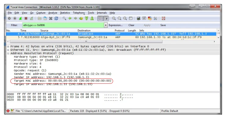 Wireshark แสดง ARP request แบบบรอดคาสท์