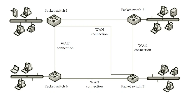 การเชื่อมต่อแบบ WAN — Packet switch 4 ตัว (1 2 3 4) วางเป็นสี่มุม แต่ละตัวมี LAN แบบบัสพร้อมพีซีของตัวเองห้อยอยู่ ระหว่าง packet switch มีเส้นกำกับว่า WAN connection ทั้งเส้นรอบนอกและเส้นทแยงตัดกลาง