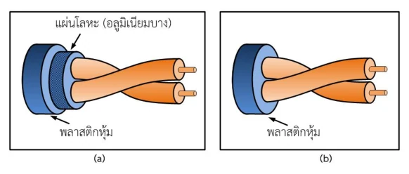 ภาพเปรียบเทียบสายสองแบบวางคู่กัน (a) สายที่ถูกปอกให้เห็นสายทองแดงสองเส้นพันตีเกลียวกัน ห่อด้วยชั้นตาข่ายโลหะกำกับว่าแผ่นโลหะ (อลูมิเนียมบาง) แล้วหุ้มด้วยพลาสติกหุ้มอีกชั้น (b) สายลักษณะเดียวกันที่มีเฉพาะพลาสติกหุ้ม ไม่มีชั้นโลหะ