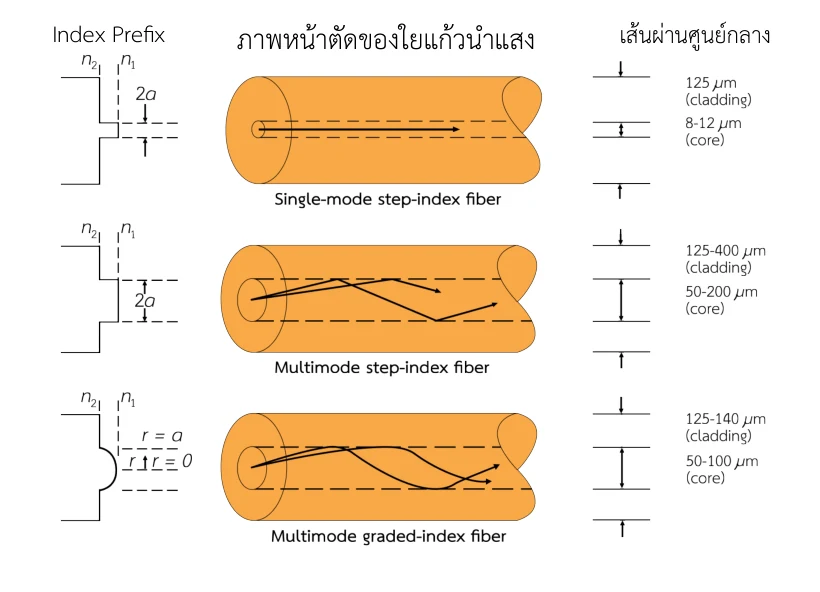 ตารางรูปภาพสามแถว แต่ละแถวมีสามคอลัมน์ คอลัมน์ซ้าย Index Prefix เป็นกราฟค่าดัชนี n1 n2 คอลัมน์กลางเป็นภาพหน้าตัดของใยแก้วนำแสงทรงกระบอกสีส้มพร้อมเส้นทางเดินของแสง คอลัมน์ขวาเป็นเส้นผ่านศูนย์กลางของ core และ cladding แถวบนคือ single-mode step-index แสงเดินเป็นเส้นตรง แถวกลางคือ multimode step-index แสงหักเป็นมุมสะท้อนไปมา แถวล่างคือ multimode graded-index แสงโค้งเป็นคลื่น