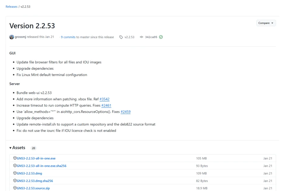 หน้า GitHub release ของ GNS3 หัวข้อ Version 2.2.53 มีรายการเปลี่ยนแปลงแยกเป็นหัวข้อ GUI และ Server ด้านล่างเป็นส่วน Assets จำนวน 20 ไฟล์ แสดงรายการไฟล์เรียงกัน ได้แก่ GNS3-2.2.53-all-in-one.exe ขนาด 105 MB, GNS3-2.2.53-all-in-one.exe.sha256, GNS3-2.2.53.dmg ขนาด 109 MB, GNS3-2.2.53.dmg.sha256 และ GNS3-2.2.53.source.zip ทุกไฟล์ลงวันที่ Jan 21