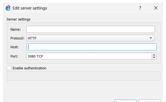 กล่องโต้ตอบเล็กชื่อ Edit server settings หัวข้อ Server settings มีสี่ช่อง ได้แก่ Name ที่ยังว่าง, Protocol เป็นดรอปดาวน์ตั้งค่าไว้ที่ HTTP, Host เป็นช่องว่างที่มีเคอร์เซอร์กะพริบอยู่ และ Port ตั้งค่าไว้ที่ 3080 TCP ด้านล่างมีช่องติ๊ก Enable authentication ที่ยังไม่ได้ติ๊ก ทำให้ช่องใต้มันจางอยู่