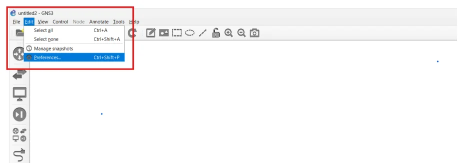 หน้าต่างโปรแกรม GNS3 ชื่อไฟล์ untitled2 มีแถบเมนู File, Edit, View, Control, Node, Annotate, Tools, Help โดยเมนู Edit ถูกกดเปิดค้างไว้ แสดงรายการ Select all คู่กับ Ctrl+A, Select none คู่กับ Ctrl+Shift+A, Manage snapshots และ Preferences คู่กับ Ctrl+Shift+P ซึ่งถูกไฮไลต์เป็นแถบสีน้ำเงิน มีกรอบสีแดงล้อมรอบเมนู Edit ที่เปิดอยู่ทั้งกล่อง