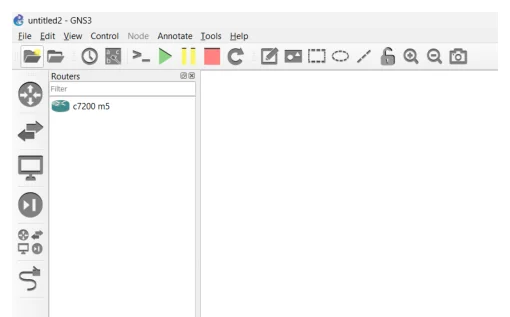 มุมซ้ายบนของหน้าต่าง GNS3 ชื่อไฟล์ untitled2 มีแถบเมนู File, Edit, View, Control, Node, Annotate, Tools, Help และแถบไอคอนคำสั่งลัดที่มีปุ่มสามเหลี่ยมสีเขียว ปุ่มหยุดชั่วคราวสีเหลือง และปุ่มสี่เหลี่ยมสีแดง ด้านซ้ายเป็นแถบ Node Type แนวตั้ง ถัดมาเป็นแผงชื่อ Routers มีช่อง Filter และมีรายการเดียวคือไอคอน router ชื่อ c7200 m5 ส่วนพื้นที่ Topology Graphic View ทางขวายังว่างเปล่า