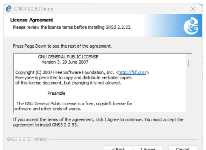 หน้าต่าง GNS3 2.2.53 Setup หัวข้อ License Agreement ข้อความบอกให้อ่านเงื่อนไขก่อนติดตั้ง ในกรอบเลื่อนแสดงข้อความ GNU GENERAL PUBLIC LICENSE Version 3 ลงวันที่ 29 June 2007 พร้อมข้อความลิขสิทธิ์ของ Free Software Foundation และหัวข้อ Preamble ด้านล่างมีข้อความว่าถ้ายอมรับให้กด I Agree มีปุ่ม Back, I Agree และ Cancel