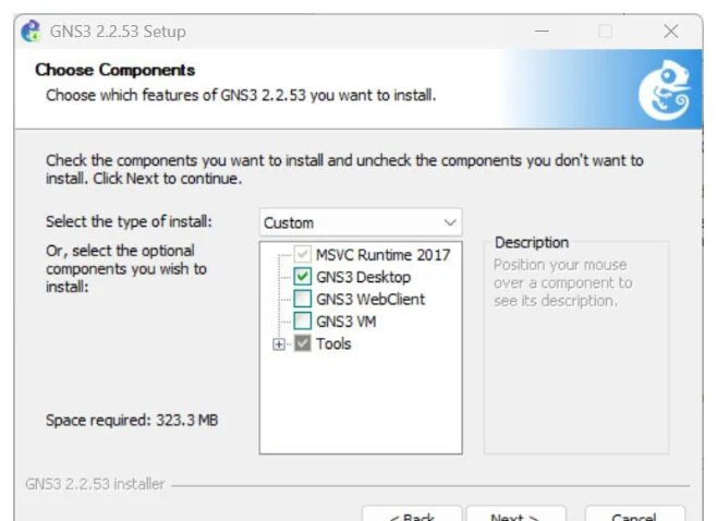 หน้าต่าง GNS3 2.2.53 Setup หัวข้อ Choose Components ให้เลือกส่วนประกอบที่จะติดตั้ง ดรอปดาวน์ Select the type of install ตั้งไว้ที่ Custom ในรายการมีช่องติ๊ก MSVC Runtime 2017 ติ๊กแบบล็อกไว้, GNS3 Desktop ติ๊กอยู่, GNS3 WebClient ไม่ติ๊ก, GNS3 VM ไม่ติ๊ก และ Tools ติ๊กอยู่ ด้านล่างเขียนว่า Space required 323.3 MB มีปุ่ม Back, Next และ Cancel