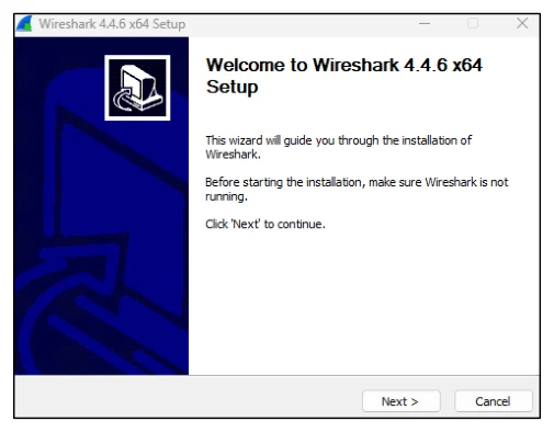 หน้าต่างติดตั้งของ Windows ชื่อ Wireshark 4.4.6 x64 Setup ด้านซ้ายเป็นแถบสีน้ำเงินเข้มมีโลโก้ครีบฉลามสีขาวและลูกศรใหญ่ ด้านขวาเป็นข้อความ Welcome to Wireshark 4.4.6 x64 Setup พร้อมคำอธิบายว่าตัวช่วยติดตั้งจะพาไปทีละขั้น และเตือนให้แน่ใจว่า Wireshark ไม่ได้เปิดค้างอยู่ ปิดท้ายด้วย Click Next to continue มีปุ่ม Next และ Cancel