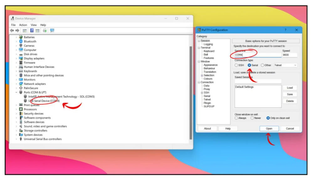 ภาพหน้าจอ Windows พื้นหลังวอลเปเปอร์สีสด มีสองหน้าต่างวางคู่กัน หน้าต่างซ้ายคือ Device Manager แสดงต้นไม้รายการอุปกรณ์ เช่น Batteries, Bluetooth, Cameras, Computer, Disk drives, Display adapters, Keyboards, Monitors, Network adapters และหัวข้อ Ports COM and LPT ที่กางออกแสดงสองบรรทัดคือ Intel Active Management Technology SOL COM3 และ USB Serial Device COM4 ซึ่งมีลูกศรโค้งสีแดงชี้อยู่ หน้าต่างขวาคือ PuTTY Configuration แถบซ้ายเป็นหมวด Session, Terminal, Window, Connection ด้านขวาเป็น Basic options for your PuTTY session มีช่อง Serial line วงกลมสีแดงล้อมค่า COM4 ช่อง Speed เป็น 9600 กลุ่ม Connection type มีปุ่มตัวเลือก SSH, Serial ที่ถูกเลือกอยู่ และ Other แบบ Telnet ด้านล่างมีรายการ Saved Sessions ที่มี Default Settings และปุ่ม Load, Save, Delete ล่างสุดมีปุ่ม Open ที่มีลูกศรสีแดงชี้ และปุ่ม Cancel