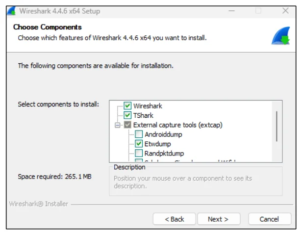 หน้าต่าง Wireshark 4.4.6 x64 Setup หัวข้อ Choose Components ให้เลือกส่วนประกอบที่จะติดตั้ง ในกรอบรายการมีต้นไม้ช่องติ๊ก ได้แก่ Wireshark ติ๊กอยู่, TShark ติ๊กอยู่ และ External capture tools แบบ extcap ที่กางออกแสดง Androiddump ไม่ติ๊ก, Etwdump ติ๊กอยู่, Randpktdump ไม่ติ๊ก ด้านล่างเขียนว่า Space required 265.1 MB มีกล่อง Description ว่างและปุ่ม Back, Next, Cancel