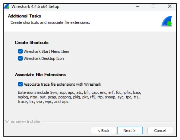 หน้าต่าง Wireshark 4.4.6 x64 Setup หัวข้อ Additional Tasks ให้สร้าง shortcut และผูกนามสกุลไฟล์ กลุ่ม Create Shortcuts มีช่องติ๊ก Wireshark Start Menu Item และ Wireshark Desktop Icon ติ๊กทั้งคู่ กลุ่ม Associate File Extensions มีช่องติ๊ก Associate trace file extensions with Wireshark ติ๊กอยู่ ตามด้วยรายการนามสกุลไฟล์ยาว ๆ เช่น 5vw, acp, apc, atc, cap, pcap, pcapng, snoop, trace มีปุ่ม Back, Next, Cancel