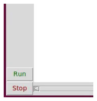 มุมล่างซ้ายของหน้าต่าง MiniEdit ขยายให้เห็นปุ่ม Run ตัวอักษรสีเขียว และปุ่ม Stop ตัวอักษรสีแดง เรียงกันในแนวตั้ง