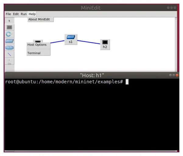 หน้าต่าง MiniEdit ด้านบนแสดงเมนูคลิกขวาที่โฮสต์ h1 มี Host Options และ Terminal ด้านล่างเป็นหน้าต่างเทอร์มินัลชื่อ Host: h1 ที่มี prompt root@ubuntu:/home/modern/mininet/examples#