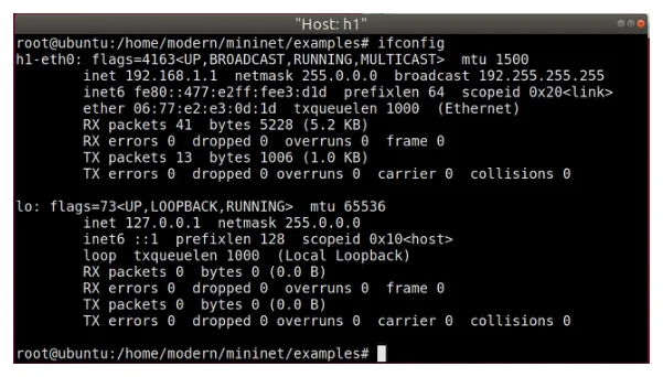 ผลลัพธ์คำสั่ง ifconfig ในเทอร์มินัลของโฮสต์ h1 แสดงอินเตอร์เฟซ h1-eth0 มี flags UP BROADCAST RUNNING MULTICAST mtu 1500 inet 192.168.1.1 netmask 255.255.255.0 และอินเตอร์เฟซ lo คือ loopback 127.0.0.1