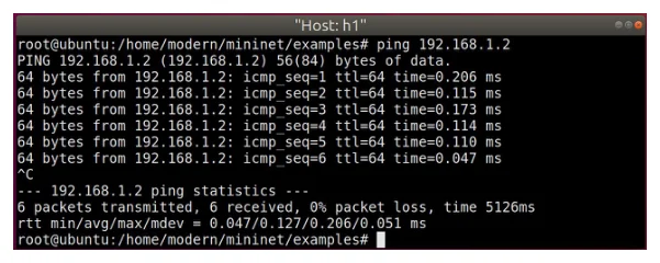 ผลลัพธ์คำสั่ง ping 192.168.1.2 จากโฮสต์ h1 แสดงบรรทัด 64 bytes from 192.168.1.2 icmp_seq ตั้งแต่ 1 ถึง 6 ttl 64 time ระหว่าง 0.047 ถึง 0.206 ms ตามด้วยสถิติ 6 packets transmitted 6 received 0% packet loss time 5126ms และ rtt min avg max mdev เท่ากับ 0.047 0.127 0.206 0.051 ms
