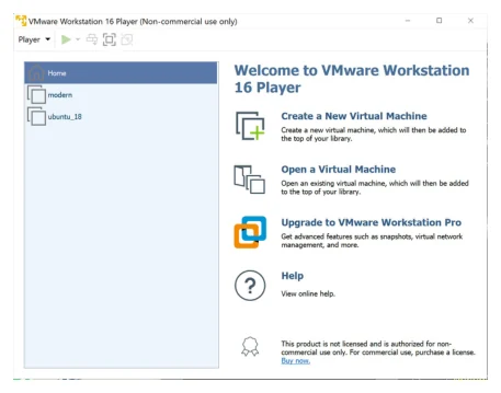หน้าต่างต้อนรับของ VMware Workstation 16 Player บน Windows ด้านซ้ายเป็นรายการเครื่องเสมือน Home, modern, ubuntu_18 ด้านขวามีเมนู Create a New Virtual Machine, Open a Virtual Machine, Upgrade to VMware Workstation Pro และ Help