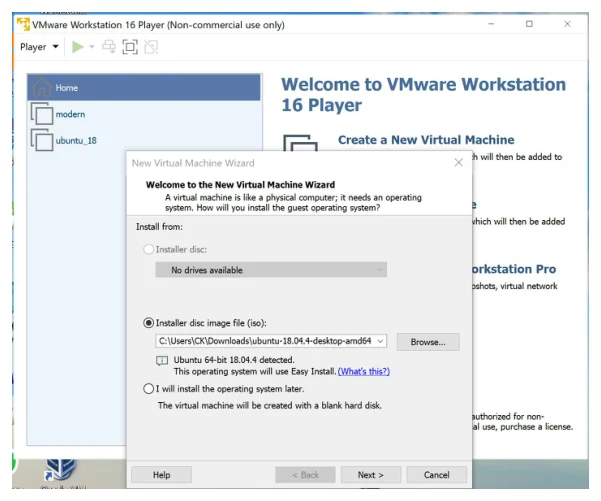 หน้าต่าง New Virtual Machine Wizard ของ VMware Workstation 16 Player เลือก Installer disc image file (iso) ชี้ไปที่ไฟล์ ubuntu-18.04.4-desktop-amd64 พร้อมข้อความ Ubuntu 64-bit 18.04.4 detected