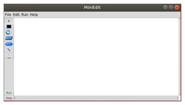 หน้าต่างโปรแกรม MiniEdit มีแถบเมนู File Edit Run Help ด้านซ้ายเป็นแถบเครื่องมือแนวตั้งมีไอคอนลูกศร โฮสต์ สวิตช์ เลกาซีสวิตช์ ลิงก์ และคอนโทรลเลอร์ พื้นที่ตรงกลางว่างเปล่า มุมล่างซ้ายมีปุ่ม Run สีเขียวและ Stop สีแดง