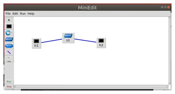 หน้าต่าง MiniEdit แสดงเน็ตเวิร์คอย่างง่าย มีโฮสต์ h1 อยู่ซ้าย สวิตช์ s1 อยู่กลาง และโฮสต์ h2 อยู่ขวา เชื่อมกันด้วยเส้นสีน้ำเงินสองเส้น