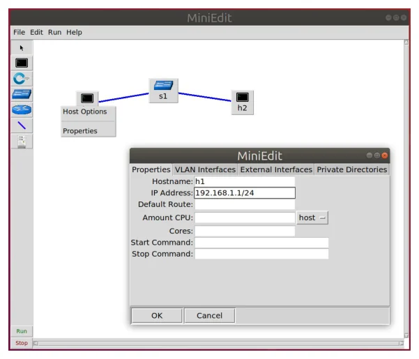 หน้าต่าง MiniEdit เปิดเมนูคลิกขวาที่โฮสต์ h1 เห็น Host Options และ Properties พร้อมหน้าต่าง Properties ที่มีแท็บ Properties, VLAN Interfaces, External Interfaces, Private Directories และช่องกรอก Hostname เป็น h1 กับ IP Address เป็น 192.168.1.1/24