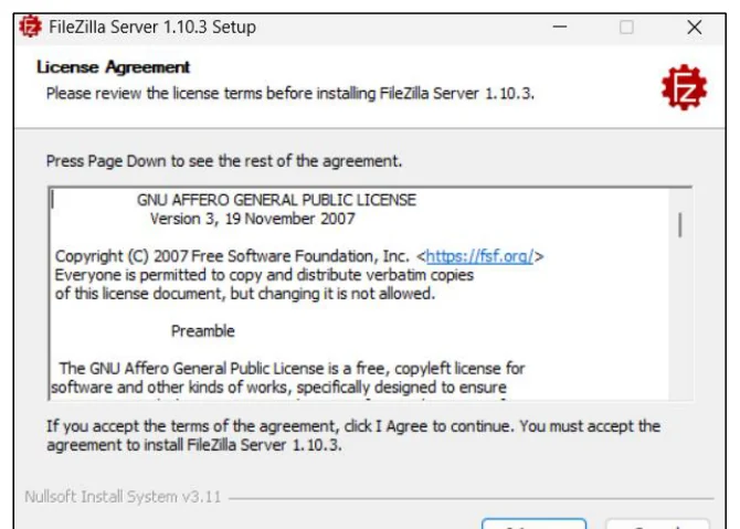 หน้าต่างตัวติดตั้ง FileZilla Server 1.10.3 บน Windows หน้า License Agreement แสดงข้อความ GNU Affero General Public License Version 3 พร้อมปุ่ม I Agree ที่มุมล่าง