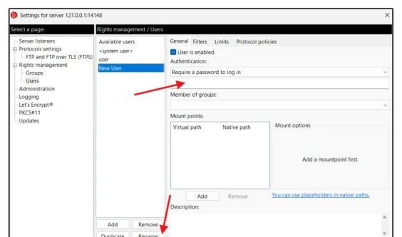 หน้าต่าง Settings for server หน้า Rights management / Users มีรายการ Available users ทางซ้ายคือ system user, user และ New User ที่ถูกเลือกอยู่ ทางขวาเป็นแท็บ General ติ๊ก User is enabled และช่อง Authentication เลือก Require a password to log in พร้อมช่องกรอกรหัสผ่านว่างอยู่ มีลูกศรแดงชี้ไปที่ช่องรหัสผ่านและที่ปุ่ม Rename ด้านล่าง