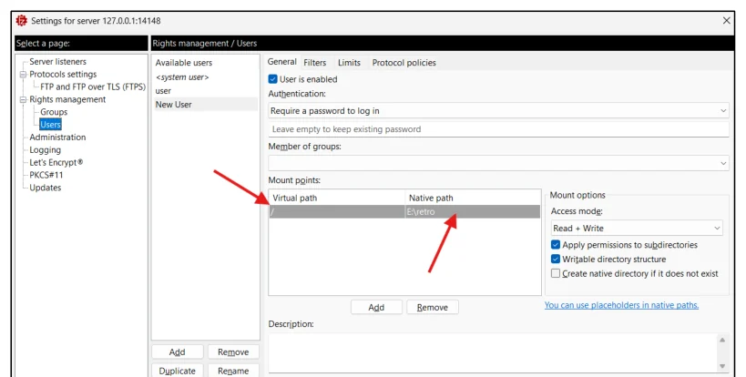 หน้าต่าง Settings for server หน้า Rights management / Users แสดงตาราง Mount points ที่มีคอลัมน์ Virtual path เป็นเครื่องหมายทับ และ Native path เป็น E:\retro ทางขวามี Access mode เป็น Read + Write พร้อมช่องติ๊ก Apply permissions to subdirectories และ Writable directory structure มีลูกศรแดงสองอันชี้ไปที่แถว Virtual path และ Native path