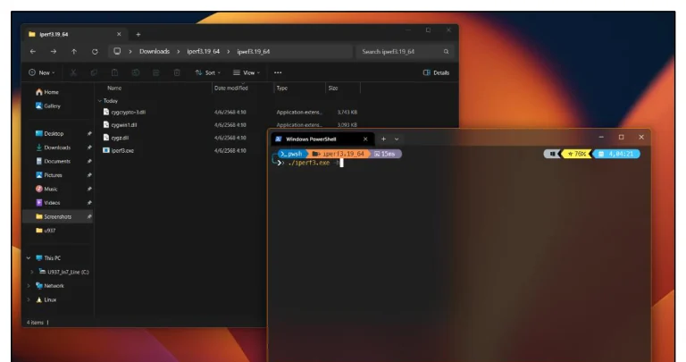 สกรีนช็อต Windows แสดง File Explorer เปิดโฟลเดอร์ iperf3.19_64 ที่แตกไฟล์ออกมาแล้ว มีไฟล์ cygcrypto-3-dll, cyggcc_s-1.dll, cygz.dll และ iperf3.exe · ทางขวาซ้อนอยู่คือหน้าต่าง Windows PowerShell ที่ cd เข้ามาในโฟลเดอร์ iperf3.19_64 แล้วพิมพ์คำสั่ง ./iperf3.exe