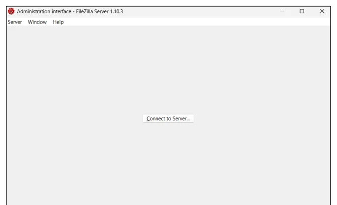 หน้าต่าง Administration interface ของ FileZilla Server 1.10.3 เป็นพื้นที่ว่างเปล่าทั้งหน้า มีเพียงปุ่ม Connect to Server อยู่ตรงกลาง และมีเมนู Server Window Help ที่แถบบน