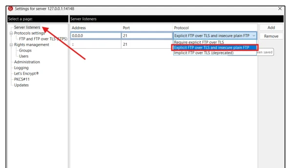 หน้าต่าง Settings for server 127.0.0.1:14148 เลือกหน้า Server listeners ทางซ้าย ตารางทางขวามีคอลัมน์ Address, Port, Protocol แถวแรกคือ 0.0.0.0 พอร์ต 21 และช่อง Protocol กำลังเปิดรายการให้เลือก โดยรายการ Explicit FTP over TLS and insecure plain FTP ถูกไฮไลต์เป็นแถบสีน้ำเงินและมีกรอบแดง